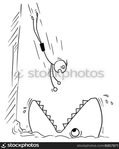 Cartoon vector stickman man jumping in water from high rock but jumping in large fish or shark mouth instead