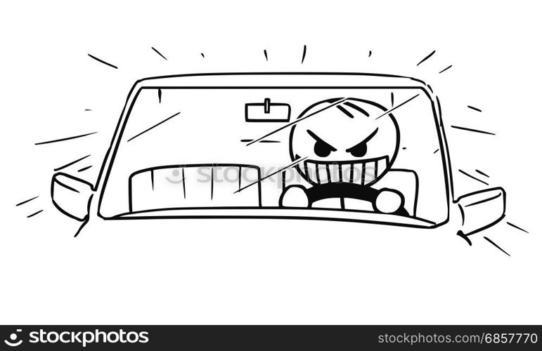 Cartoon vector stickman of mad crazy raging man driving a car fast