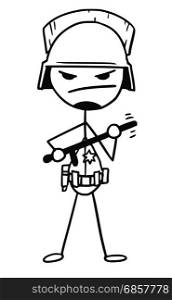 Cartoon vector stickman policeman in threatening pose with heavy helmet and nightstick baton in his hands