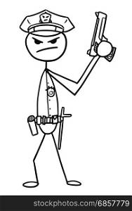 Cartoon vector stickman policeman police officer with large semi-automatic pistol gun in his hands