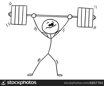 Cartoon vector stickman shaking weightlifter with heavy barbell above his head