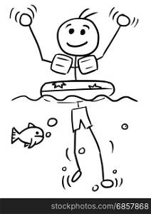 Cartoon vector stickman smiling enjoying relax swimming with inflatable swim ring and waving his hands