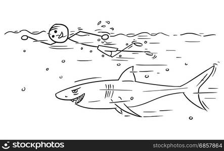 Cartoon vector stickman smiling enjoying swimming crawl on summer vacation holiday with large shark around