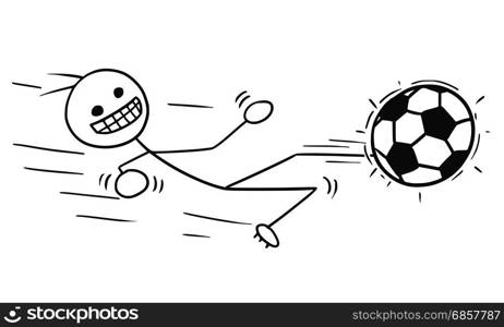 Cartoon vector stickman soccer football player kicking the ball, shot on goal or pass