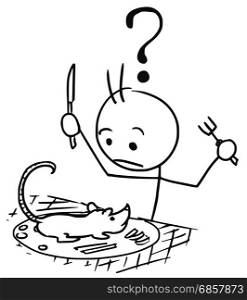 Cartoon vector stickman surprised male tourist to whom was served rat as food, dish, meal, launch with question mark above his head