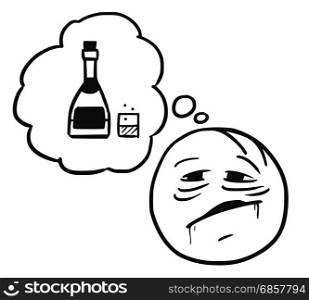 Cartoon vector stickman thirsty alcoholic thinking about bottle of alcohol