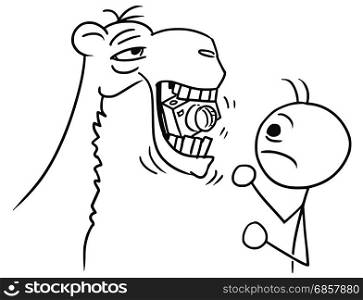 Cartoon vector stickman tourist watching a camel eating his camera
