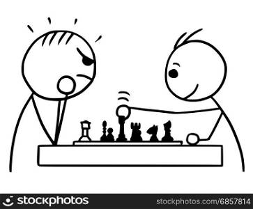 Cartoon vector stickman two man playing a game of chess; one winning game and smiling, other loosing angry