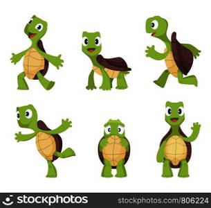 Cartoon vector turtle in various action poses. Illustration of animal tortoise, reptile mascot caricature of collection. Cartoon vector turtle in various action poses