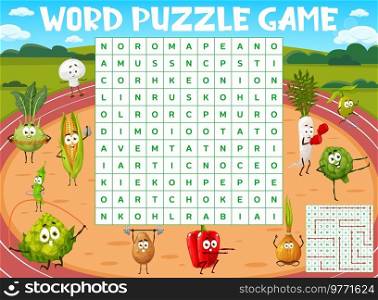 Cartoon vegetable characters on sport stadium, word search puzzle game, vector quiz grid. Kids word search worksheet with potato and corn with gym barbel, daikon boxing and mushroom on skateboard. Cartoon vegetable characters on sport stadium