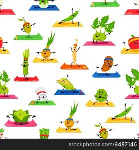 Cartoon vegetable characters on yoga fitness, seamless pattern. Cute veggie food personages doing sport exercises vector background. Funny pepper, corn, mushroom and bean, olive, asparagus, potato. Cartoon vegetable characters on yoga, pattern