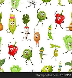 Cartoon vegetable characters on yoga or fitness sport, vector seamless pattern background. Funny vegetables, spinach sportsman or corn on pilates with potato in gym, healthy veggies athletes pattern. Cartoon vegetable on yoga fitness sport, pattern