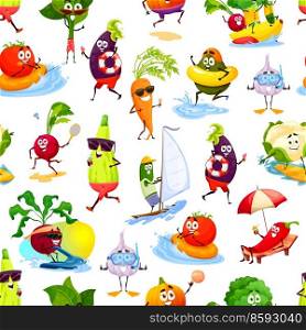Cartoon vegetable personages on summer beach vacation on seamless pattern. Wrapping paper decor, vector fabric print with carrot, cucumber and tomato, radish, garlic and zucchini funny characters. Cartoon vegetables on beach seamless pattern