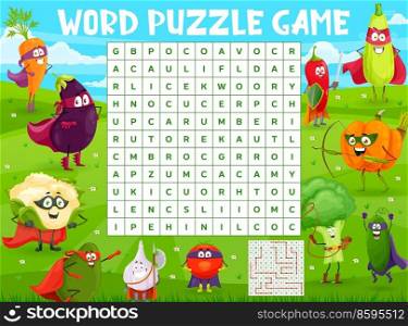 Cartoon vegetable superhero characters on word search puzzle game worksheet. Kids quiz grid, educational puzzle or kindergarten child vector game or riddle with vocabulary, alphabet learning activity. Word search puzzle game with vegetable superheroes