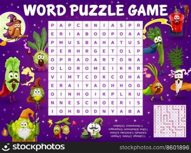Cartoon vegetable wizards and sorcerers characters with magic wands on word search puzzle game worksheet. Children quiz grid, logical riddle, child vector educational puzzle game with words find task. Word search puzzle worksheet with veggie wizards
