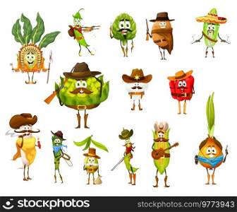Cartoon vegetables cowboy, ranger, indian, sheriff, robber and bandit funny characters. Vector kohlrabi, cauliflower and pea, soybean pod, artichoke and potato, chinese cabbage, bell pepper, olive. Cartoon vegetables cowboy, ranger, indian, sheriff