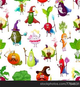 Cartoon vegetables, fairy wizards, warlock mages and magician characters, vector seamless pattern background. Vegetables wizards magicians with magic wands, pumpkin and cucumber with pepper and carrot. Cartoon vegetables, fairy wizards seamless pattern