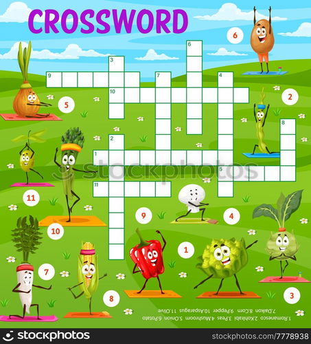 Cartoon vegetables on yoga, crossword puzzle game grid, vector find a word quiz worksheet. Kids cross word game with corn, asparagus and potato on fitness sport, yoga or pilates, funny characters. Cartoon vegetables on yoga, crossword puzzle game