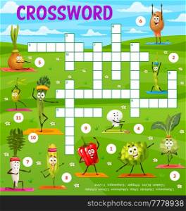Cartoon vegetables on yoga, crossword puzzle game grid, vector find a word quiz worksheet. Kids cross word game with corn, asparagus and potato on fitness sport, yoga or pilates, funny characters. Cartoon vegetables on yoga, crossword puzzle game