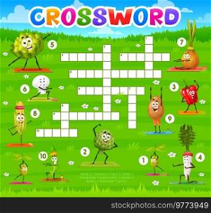 Cartoon vegetables on yoga fitness crossword grid. Find a word quiz game. Vector worksheet with funny olive, artichoke, pepper and radish, cauliflower, mushroom, onion with corn, potatoes and beans. Cartoon vegetables on yoga fitness crossword grid