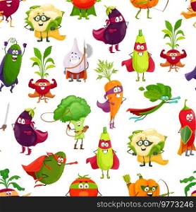 Cartoon vegetables superhero seamless pattern. Vector background with cauliflower, eggplant, squash and cucumber, radish, garlic, broccoli, tomato and spinach. Pumpkin, carrot, red pepper and avocado. Cartoon vegetables superhero seamless pattern
