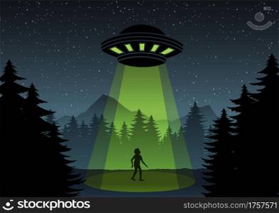Cartoon version design of UFO fly over the forest and a man,vector illustration