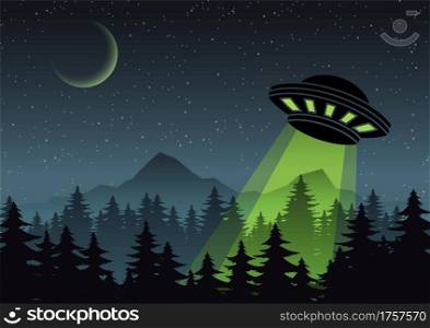 Cartoon version design of UFO fly over the forest,vector illustration