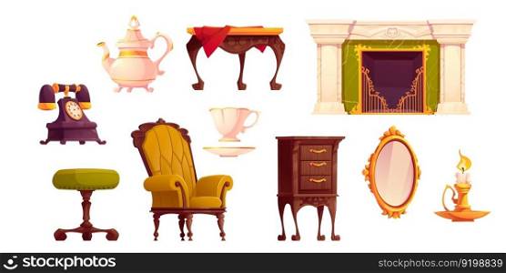 Cartoon victorian interior furniture set with fireplace. Royal vintage living room illustration with isolated english style armchair, mirror and candles for game design. England castle cottage inside. Victorian interior furniture set with fireplace