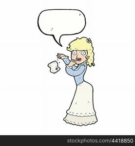 cartoon victorian woman dropping handkerchief with speech bubble