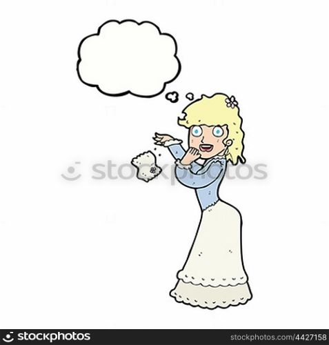 cartoon victorian woman dropping handkerchief with thought bubble