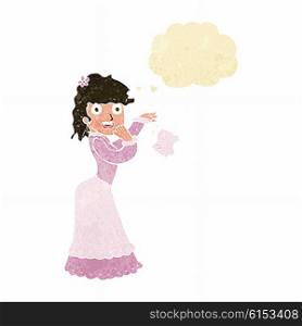 cartoon victorian woman dropping handkerchief with thought bubble