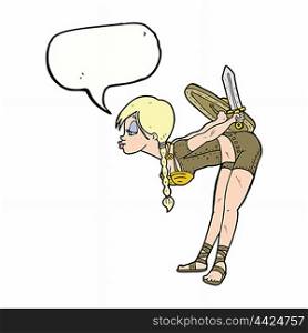 cartoon viking girl bowing with speech bubble