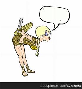 cartoon viking girl bowing with speech bubble