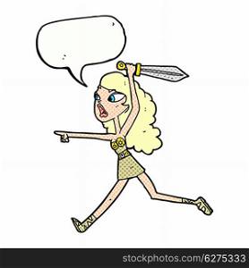 cartoon viking girl with sword with speech bubble