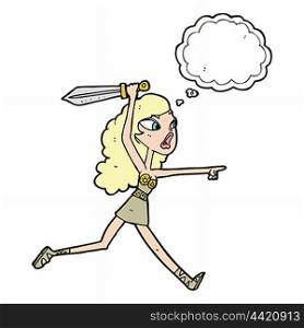cartoon viking girl with sword with thought bubble
