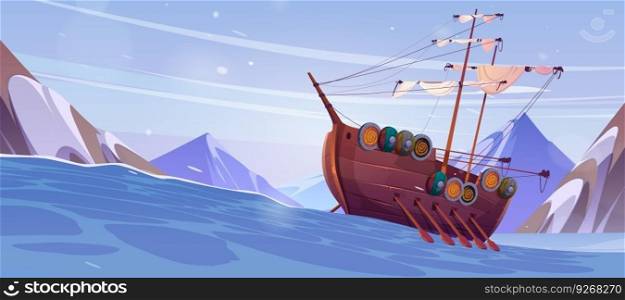 Cartoon viking ship floating in stormy Nordic sea surrounded by mountains. Vector illustration of old wooden boat sailing with oars and traditional scandinavian shields on board. Medieval warship. Cartoon viking ship floating in stormy sea
