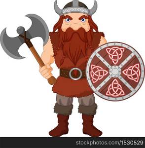 Cartoon Viking with axe and wooden shield