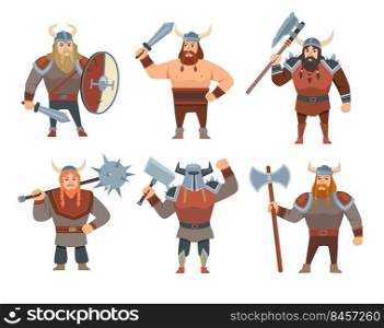 Cartoon Vikings vector illustrations set. Medieval soldiers, people in costumes or warriors isolated on white background. Scandinavian mythology, Norway, fantasy, history, military concept
