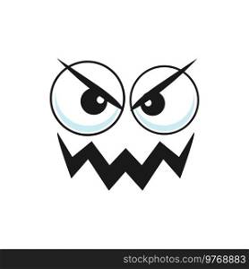 Cartoon villain face vector emoji with angry eyes and sharp teeth. Negative facial expression, malefactor comic character with furrowed brows and toothy mouth isolated creepy personage. Cartoon villain face vector emoji with angry eyes