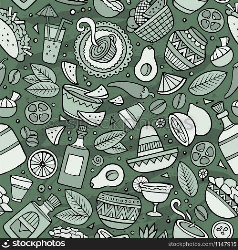 Cartoon vintage hand-drawn latin american, mexican seamless pattern. Lots of symbols, objects and elements. Perfect funny vector background.. Cartoon hand-drawn latin american, mexican seamless pattern