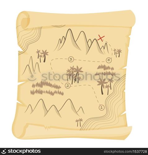 Cartoon vintage treasure map on papyrus vector graphic illustration. Colorful old geographic direction guide with area image isolated on white background. Retro paper sheet with plan navigation. Cartoon vintage treasure map on papyrus vector graphic illustration
