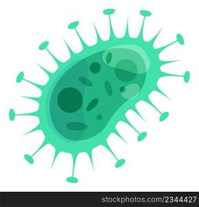 Cartoon virus cell. Green contagious infection microbe isolated on white background. Cartoon virus cell. Green contagious infection microbe
