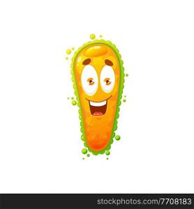 Cartoon virus cell vector icon, cute bacteria or germ character with funny face. Smiling pathogen microbe monster with big eyes and teeth, isolated yellow infusoria slipper. Cartoon virus cell vector icon, cute bacteria