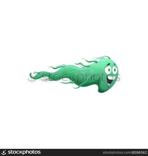 Cartoon virus cell vector icon, cute bacteria or germ mascot character move with funny face. Smiling pathogen microbe monster, micro organism smiling. green monster isolated sign. Cartoon virus cell vector icon, bacteria or germ