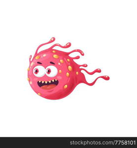Cartoon virus cell vector icon, cute bacteria or germ mascot character with funny face and sharp teeth. Smiling pathogen microbe monster, micro organism smiling. Pink cell move isolated sign. Cartoon virus cell vector icon, cute bacteria