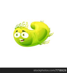 Cartoon virus cell vector icon, cute green bacteria, happy germ character with funny face. Smiling pathogen microbe emoticon, isolated moving micro organism symbol. Cartoon virus cell vector icon green bacteria germ