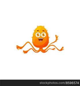 Cartoon virus cell vector icon, cute spiked orange bacteria with long tentacles, happy germ character with funny face. Smiling pathogen microbe emoticon, isolated micro organism symbol. Cartoon virus cell vector icon, orange bacteria