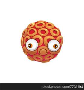 Cartoon virus cell vector icon, funny bacteria or germ character with unhappy sad face. Pathogen microbe, monster ball shape with big goggle eyes, isolated yellow cell. Cartoon virus cell vector icon, funny bacteria