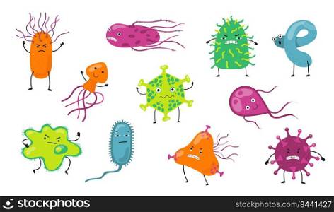 Cartoon virus characters flat icon set. Funny infection bacteria, flu germs, bacillus and microbe organism isolated vector illustration collection. Microbiology disease and pandemic concept