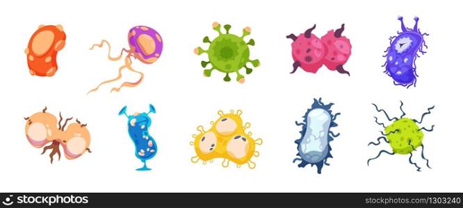 Cartoon virus. Germs bacterias and flu infection cells, sickness microbe organism collection. Vector different medicine micro-organisms isolated, provoking diseases, on white. Cartoon virus. Germs bacterias and flu infection cells, sickness microbe organism collection. Vector different medicine micro-organisms isolated on white